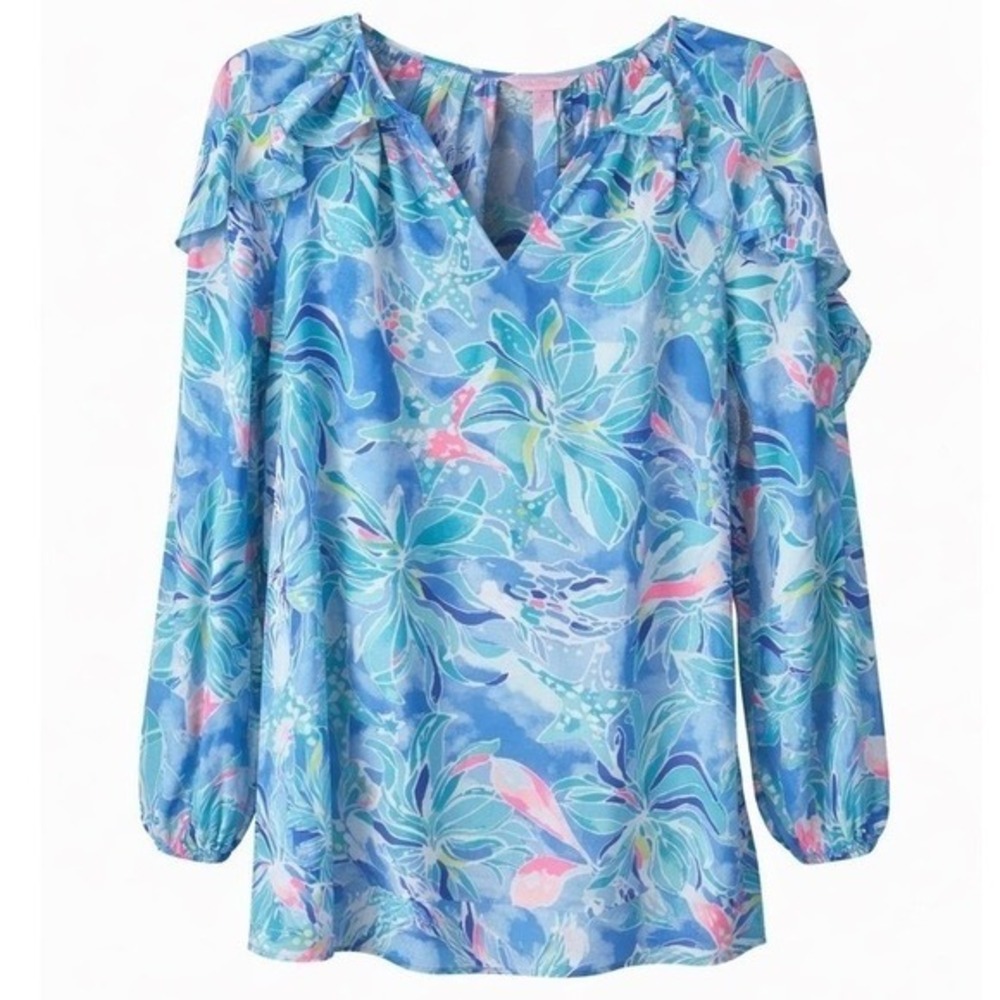 Lilly Pulitzer Elora Top Small Celestial Seas Ruffle Sleeve Coastal Preppy